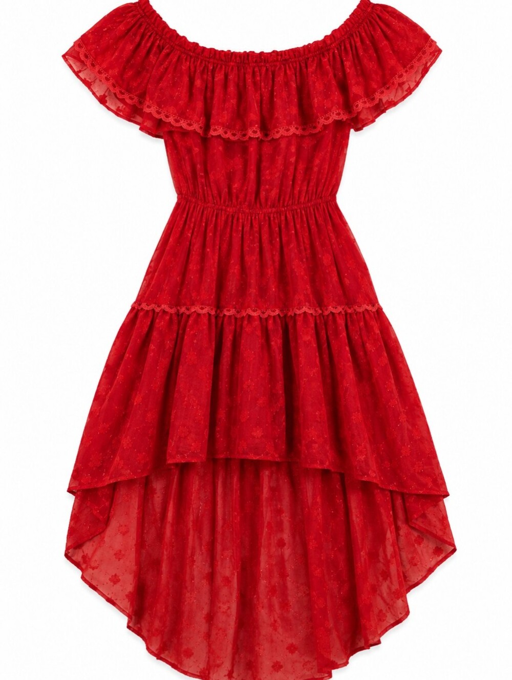 Aeom Red Off-Shoulder Tiered Hi-Low Dress